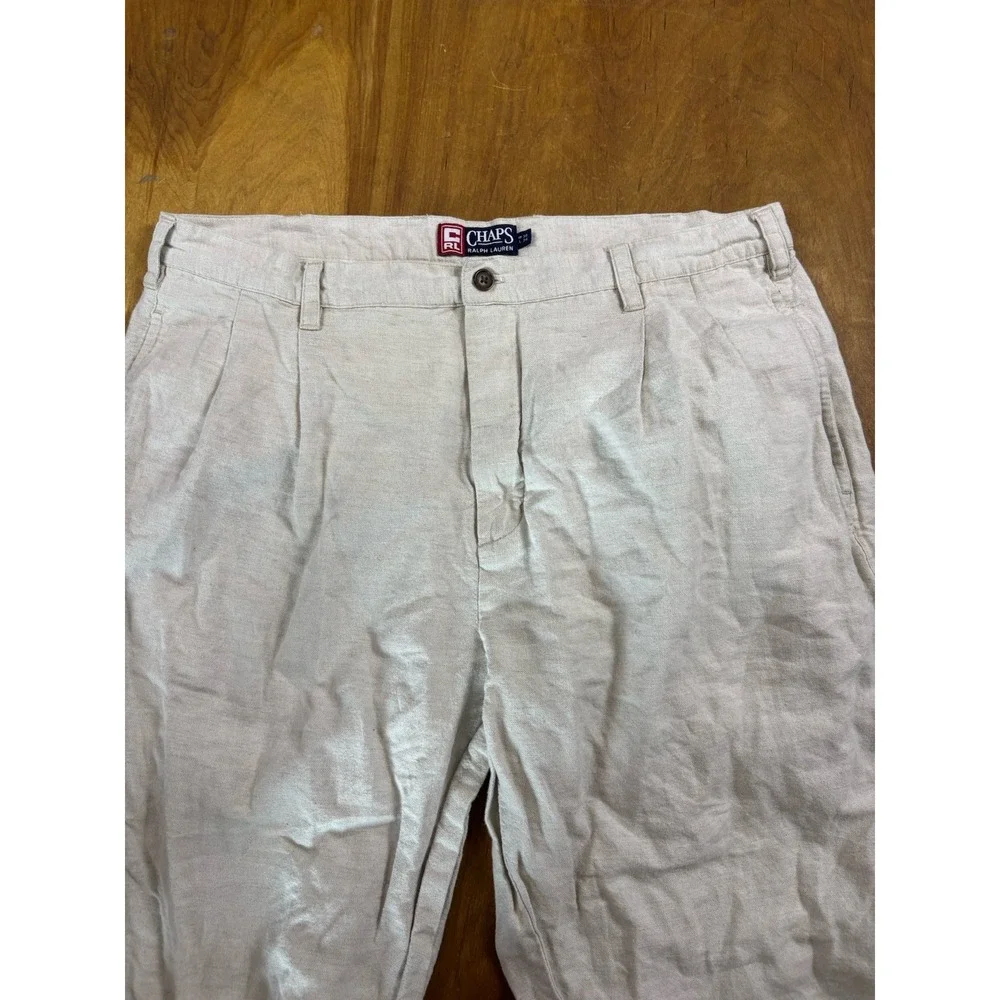 VINTAGE Chaps Ralph Lauren Pants Men 37x33 Beige Linen Blend Baggy Loose Trouser